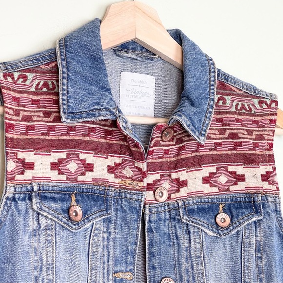 Bershka Vintage Inspired Jean Denim Vest Aztec Panels woman's size XS - Picture 2 of 7